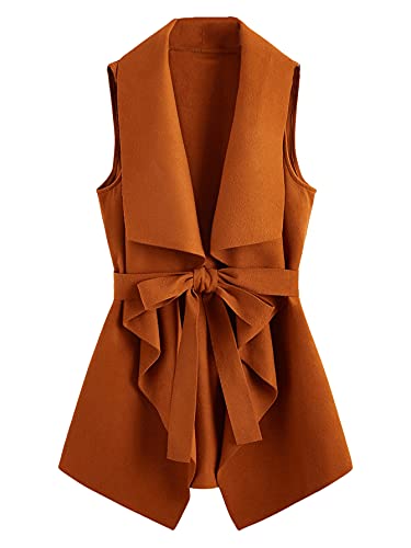 Shein Women's Plus Size Open Front Sleeveless Lapel Outerwear Vest Cardigan Belted Jacket Rust Brown X-Large Plus #TOP26