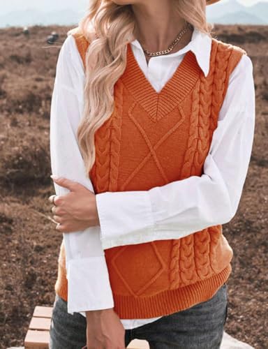 Image of Women's Sweater Vest,Long Cable Loose Knitted Sleeveless V Neck Casual Sweaters Tank Top S~XL