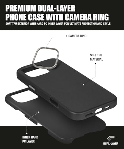 Image of WOW IMAGINE Back Cover for iPhone 16e | iPhone 17e | Shockproof Tough Leather Texture Hard Mobile Case | Ultra Slim Non-Slip Grip | Inner Velvet Fabric | Metal Camera Ring - Black
