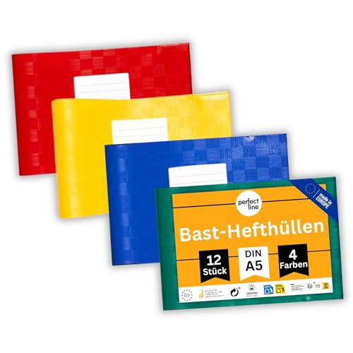 perfect line - 12 Bast-Hefthüllen DIN-A5, 4 Farben, Quer-Format mit Beschriftungsetikett, Heftschoner aus recyclebarem PP, dokumentenecht