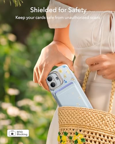 Image of ESR Aura for MagSafe Wallet for Women, RFID Blocking, MagSafe Sticker Included, 5 Cards Holder Magnetic Wallet for iPhone 17e /17 /16 /15 /14 /13 /12 & Select Samsung, Tropical Paradise, Light Blue