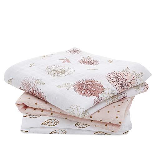 aden + anais Musy-Langes prélavés en Mousseline 100% Coton, Lot de 3 Langes absorbants, Bébé Garçon, Bébé Fille, Pratiques, Très Doux, Respirants, 70x70cm, Imprimé Dahlias