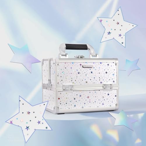 Joligrace Makeup Train Case Cosmetic Box 2-Tier Tray Jewelry Storage Organizer with Mirror Key Lock Portable Carrying Makeup Box - Shining Star