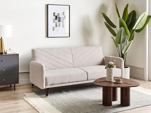 Divano Letto Beige Chiaro In Tessuto Di Finto Lino Soggiorno Moderno 3 Posti Gambe In Legno Braccio A Binario - 2