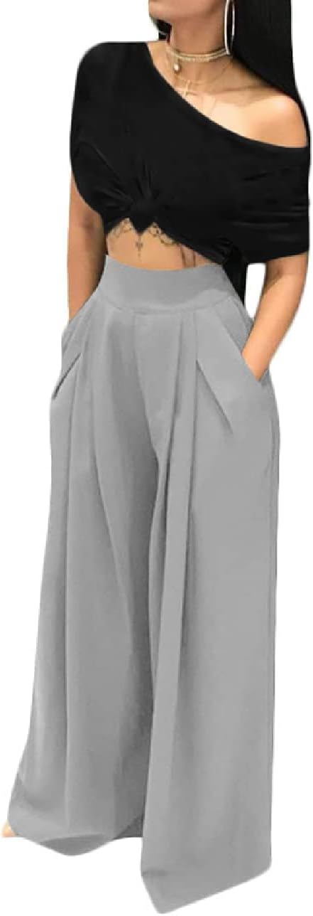 Wide Leg Palazzo Pants for Women, Palazzo Pants for Women with Pocket (Gray, M)