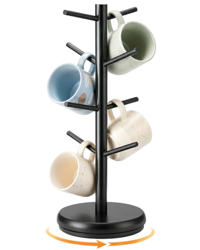 Image of HULISEN Rotating Mug Tree, Bamboo Cup Rack with 360° Swivel Base, 8 Hooks