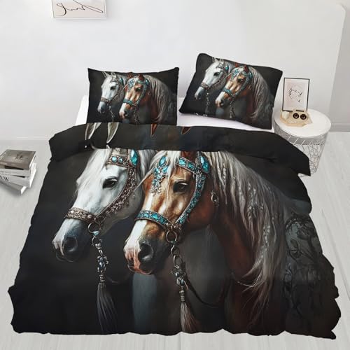 Juego de ropa de cama con diseño de caballo, funda de edredón con 2 fundas de almohada, diseño de animales preciosos, suave, ligero, fácil de limpiar, para habitaciones de invitados de adultos (220 x