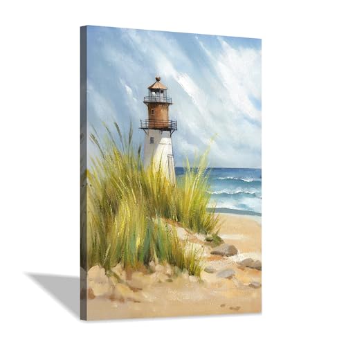 Beach Lighthouse Canvas Wall Art, Coastal Landscape Picture, 45x30 Inches