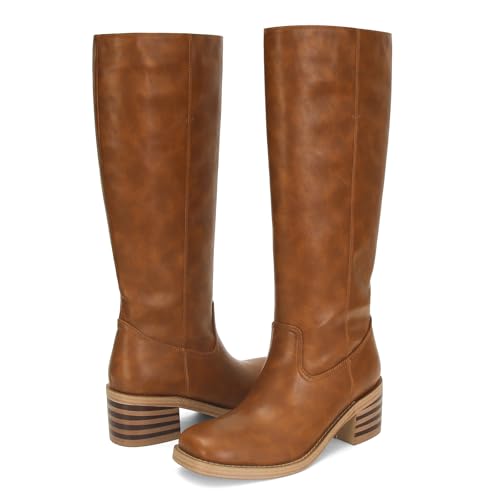 Image of DOEYG Women's Banana Knee High Boots Square Toe Chunky Block Heel Tall Boots Wide Calf Fashion Comfortable Casual Pull on Long Boots