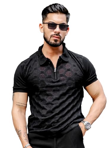 Image of Maniac || Mens || Solid Textured || Half Zip || Polo Neck || Half Sleeve || Cotton || T-Shirt
