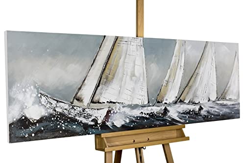 Kunstloft Cuadro decorativo | 100% PINTADO A MANO | 150x50cm | Pintura 'Héroes del mar' | Barcos y botes | Azul | Cuadro moderno en lienzo