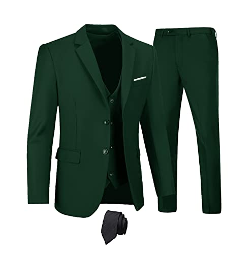 Image of Furuyal Men's Suits 3 Piece Slim Fit Suit Set,Two Button Wedding Business Tuxedo Solid Blazer Jacket Vest Pants with Tie