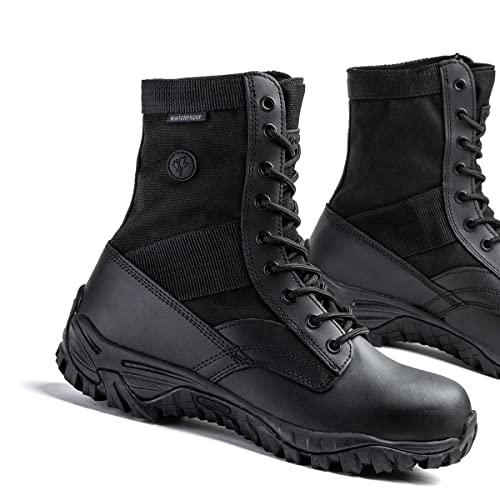 Vemont Hochwertige Leder-Militärstiefel, wasserdicht und einsatzbereit Kampfstiefel für taktische Einsätze und Outdoor-Aktivitäten (Schwarz, EU Schuhgrößensystem, Erwachsene, Numerisch, M, 43)