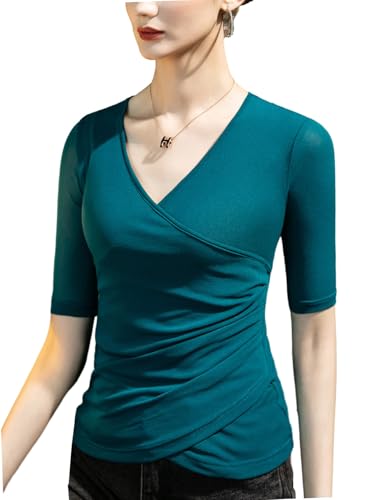 METWEY Wrap Tops for Women Summer Mesh Ruched Top Trendy 2025 Date Outfits V Neck Business Casual Work T Shirts Blouse (Peacock Blue,Medium)