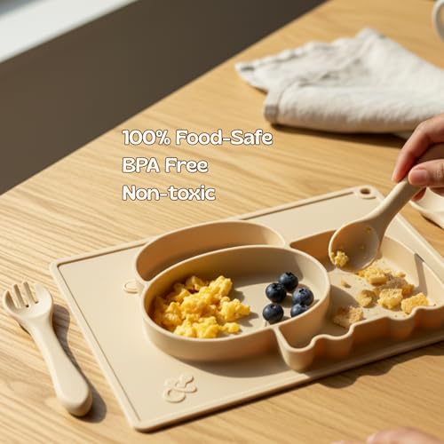 Image of Silicone Baby Meal Plate Set with Spoon & Fork | Hippo Shaped | Banana Yellow | 3 Section Divided Plate for Toddlers | Food Grade Kids Feeding Set | Microwave Dishwasher Safe