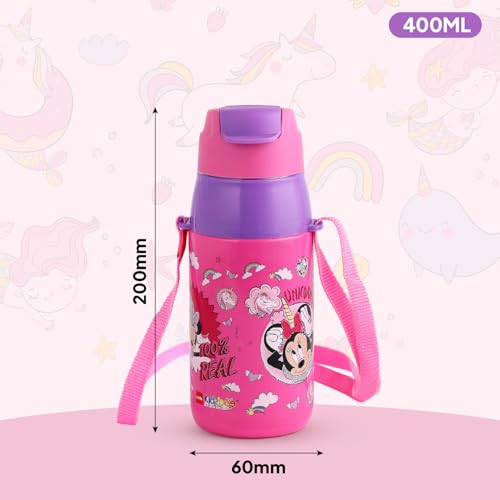 Image of CELLO Kidzbee Puro Steel-X Hydro Kid 400 Insulated Kids Sipper Water Bottle 400ml Pink | Touch & Feel Minnie Design Easy to Carry with Loop Leakproof Flip Top Water Bottle For School Kids Boys & Girls
