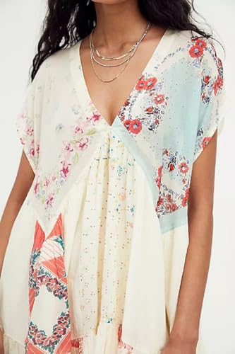 Women Bohemian Floral Mini Dress Y2K Babydoll V Neck Short Dress Loose Fit Patchwork Dress Beach3