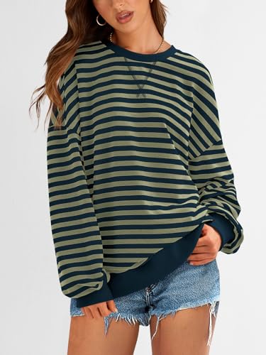 Image of PRETTYGARDEN Womens Striped Oversized Sweatshirt Color Block Crew Neck Long Sleeve Casual Loose Pullover Top Y2K Clothes
