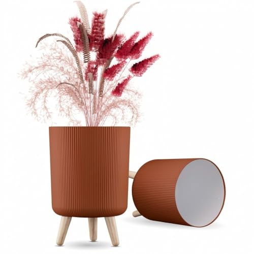 Image of StyleX Store Modern Flower Pot with Plastic Legs | Indoor Outdoor Planter for Home Garden Balcony Decor Ribbed Design Sturdy Plastic Mid-Century Style (Wood Brown Pack of 2)