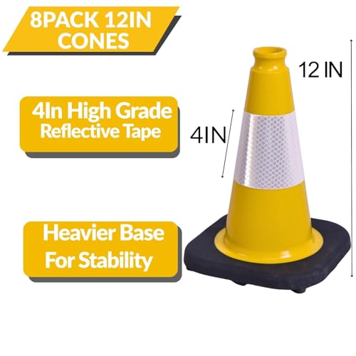 Image of BESEA 8 Pack 12 Inch Yellow Traffic Cones with Wide Stable Base