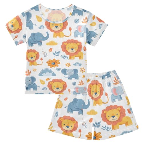 ALAZA Lion Elephant Blossom Pajamas Short Sleeve 2 Piece Sleepwear Top and Bottom Pajama Set Unisex