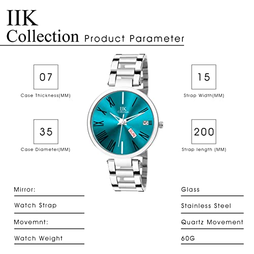 Image of IIK COLLECTION Watch for Women Round Studded Dial |Day and Date Quartz Movemnet |Long Battery Life|Stainless Steel Bracelet Chain Strap|Double Lock Clasp Safety Watches for Girls