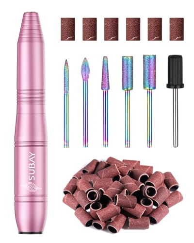Subay Electric Nail Drill, Portable Electric Nail File for Acrylic Gel Nails, Nail Drill Kit Manicure Pedicure Tool with 6 Nail Drill Bits and 26 Sanding Bands for Home and Salon Use - Pink