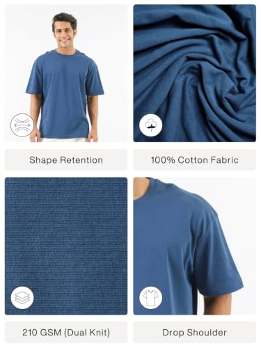 Image of SAADAA Men's Oversized Cotton T-Shirt | 210 GSM Heavyweight Fabric | Drop Shoulder | Dual Knit | Comfortable Casual Wear | Solid Colors
