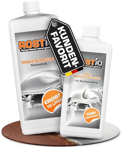 Rostio Tankentroster Set 1L + 500ml Tank-Schutzemulsion Entroster-Konzentrat 1:10 verdünnbar für Tanks bis 10L entfernt Rost vollständig Schutzfilm gegen Flugrost Tankpflege & Sanierung