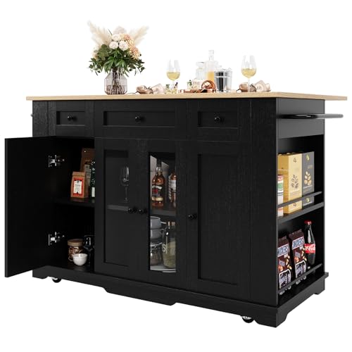 DRIXNO Kücheninsel, Abnehmbare Trennwände, Küchenschrank, Esszimmerwagen mit Arbeitsplatte, Buffetschrank, Esszimmerwagen mit Holzmaserung, Buffetschrank, Schrank aus gehärtetem Glas, Schwarz DRIXNO Kücheninsel, Abnehmbare Trennwände, Küchenschrank, Esszimmerwagen mit Arbeitsplatte, Buffetschrank, Esszimmerwagen mit Holzmaserung, Buffetschrank, Schrank aus gehärtetem Glas, Schwarz