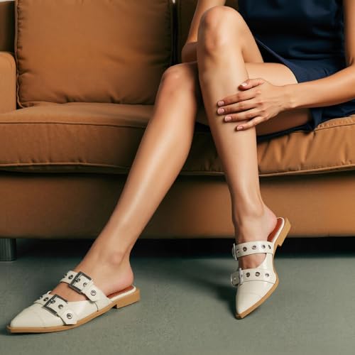 Buckle Flats for Women Pointy Toe Wide Welt Buckled Mules Low Block Heel Slippers Mary Jane Shoes Comfortable Ballerina Flats4