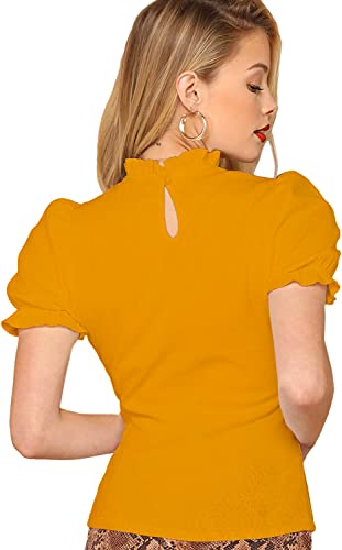 Image of Shasmi Women's & Girl's Polyester Pleated High Neck Short Puff Sleeve Ruched Bust Solid Regular Fit Top