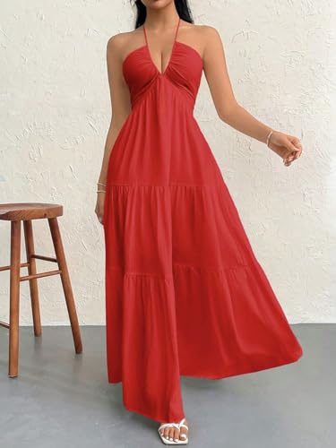 Image of Narecte Women's Maxi Summer Dresses Halter V Neck Beach Dresses for Women A-Line Casual Dress for Vacation