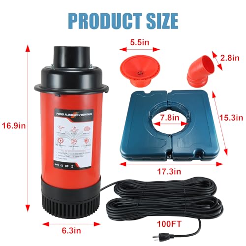 Goldlife Pond Fountain Aerator, F1-4 1HP 750W 110V PowerfuI Floating Pond Fountain Pump With 100 FT Power Cord, Outdoor Pond Aerating Fountains Cascade Pump for Small Large Ponds Lake Pond Jet System