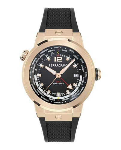 Ferragamo F-80 GMT Worldtime Collection Luxury Mens Watch Timepieces with a Black Strap and Dial Featuring a Rosegold Case