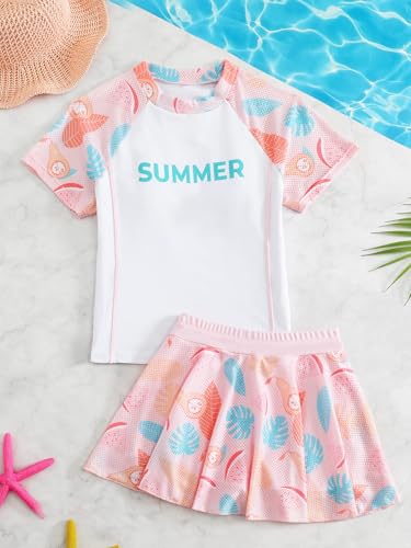 Kids Girls Floral Rash Guard Sets Short Sleeve Swim Shirts with Swimskirts Bathing Suits3