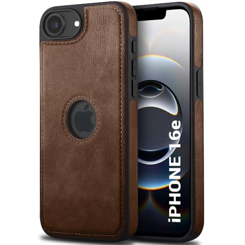 Image of TheGiftKart Genuine Leather Finish Back Cover Case for iPhone 16e | Shockproof Design | Raised Edges for Camera & Screen Protection | Stunning Minimalist Design Case Cover (Black Sides, Brown)