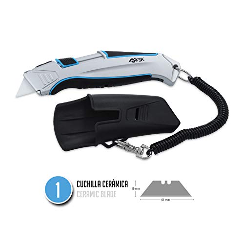 Ferrestock FSKTWC001 Cuchillo cúter cerámico Auto-retráctil con Cable de Seguridad, Cuerpo de Aluminio, Sistema de Bloqueo y Funda para cinturónráctil, Gris/Azul