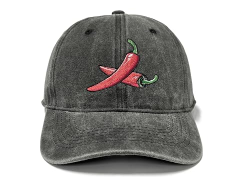 GDIQ Red Chili Pepper Embroidery Baseball Cap, Gifts for Chilli Food Lover, Chef Cook Hat for Men Women, Fun Adjustable Washed Black Cotton Cap