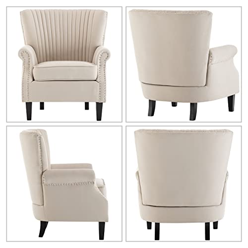 ALIMORDEN Modern Fabric Club Armchair with Wooden Frame, Accent Sofa Side Single Padded Chair, Retro Upholstered Lounge Seat, Comfy Reading Chair for Living Room, Bedroom, Beige - Image 6