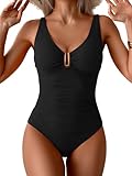 B2prity One Piece Swimsuit for Women Tummy Control Ruched Bathing Suit V Neck Push Up Swim Suit Black