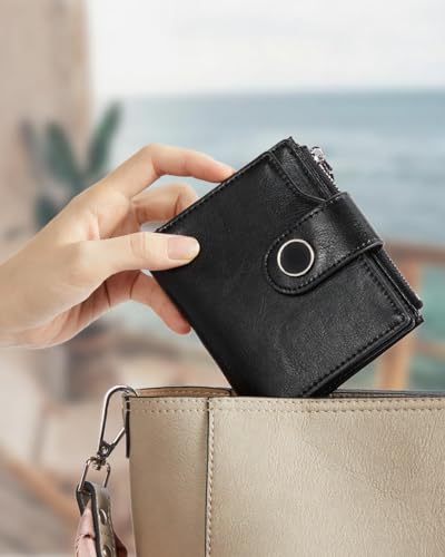 Women Wallet Small RFID Blocking Bifold Zipper Pocket Wallet Card Case with ID Window Black