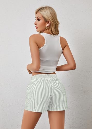 Image of Ythomm Womens Lounge Shorts Y2k Striped Print Elastic Waist Pajama Shorts Cute Boxers Bottoms With Pockets Comfy Sleepwear, Large, Green-white