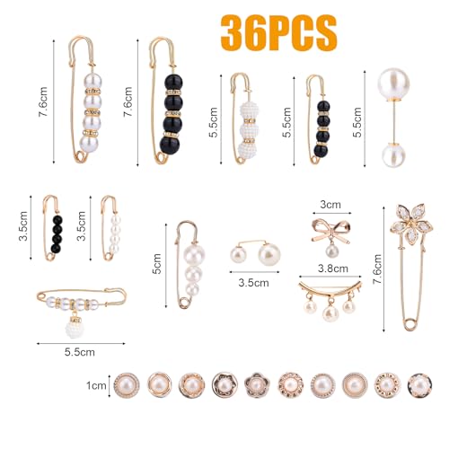 Image of 36pcs Pearl Brooch Pins, Fashion Safety Pins for Women Rhinestone and Pearl Brooch Pins Bling Sock Charms Accessories for Clothes Hats Shoes Scarf Sweater Shawl Decoration Accessories