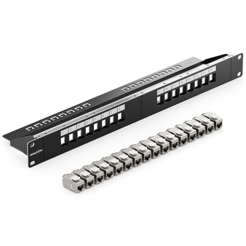 deleyCON 16 Port CAT7 Patchpanel SET Patchfeld Verteilerfeld Modular 1 HE 19\" Zoll Rackeinbau + 16x CAT 7 Keystone Module RJ45 LAN Netzwerk 10 Gbit/s 600 MHz Verlegekabel Schwarz
