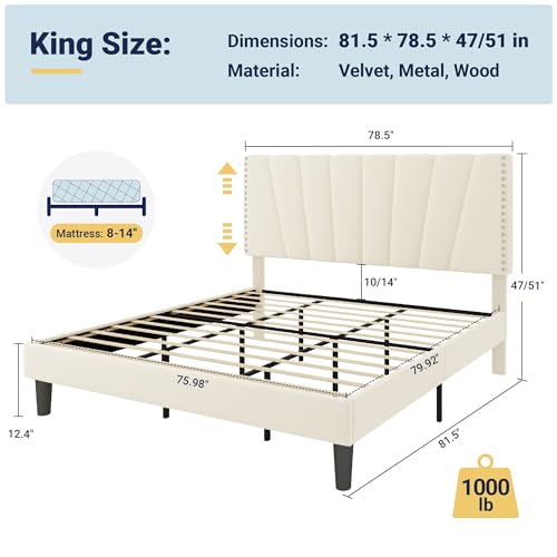 Image of Allewie King Size Velvet Platform Bed Frame with Adjustable Headboard Cream | Height-Adjustable Velvet Headboard, Rivet-Style Nailhead Trim, Wooden Slat Support, No Box Spring Needed, Easy Assembly