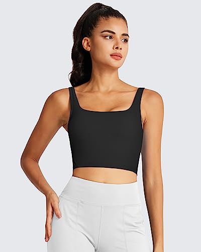 Queenieke Padded Yoga Bra For Women, Square Neck Longline Sports Bras For Women With Removable Pads Low/Medium Support Gym Workout Crop Tank Tops, S, Black #TOP6