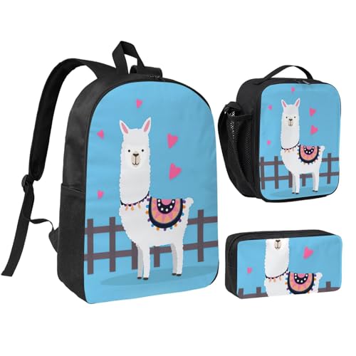 Sac à dos alpagas noir cartable 3 en 1 fille garçon trousse sac à lunch 43 cm