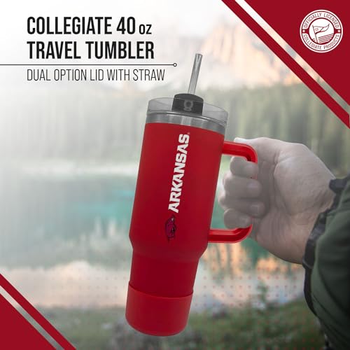 Image of Campus Colors College & University 40 oz Travel Tumbler With Handle - Dual Option Lid With Straw - Vacuum Insulated Stainless Steel (Arkansas Razorbacks - Cardinal)