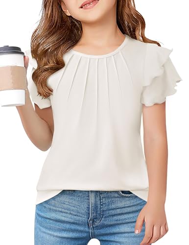 Arshiner Mädchen T-Shirts Sommer Plissiertes Oberteil Shirt Kurzarm Rundhals Tops Gewellte Ärmel Einfarbig Shirts Freizeit Tops Weiß 130/7-8 Jahre